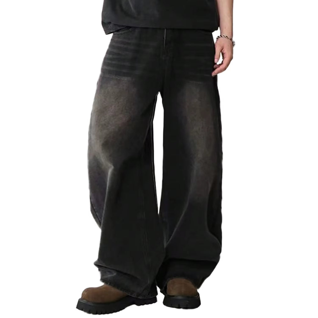 Men's Korean Style Four Season Casual Jeans - High Street Straight Loose Wide Leg in Black, Grey, and Blue