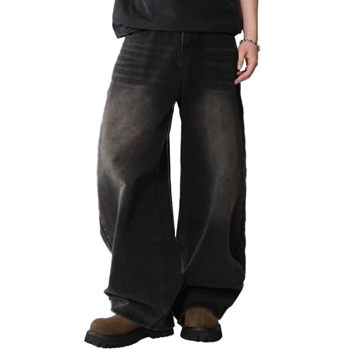 Men's Korean Style Four Season Casual Jeans - High Street Straight Loose Wide Leg in Black, Grey, and Blue