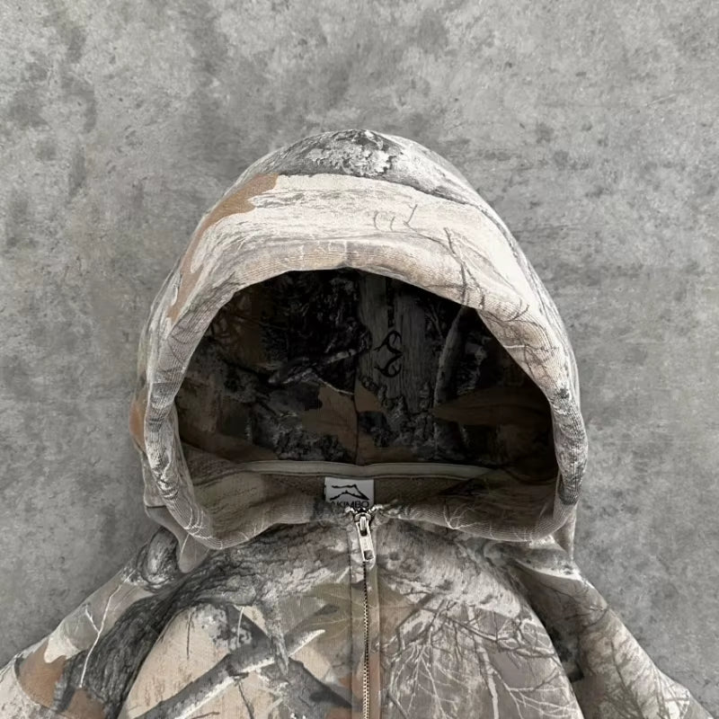 Y2K Retro Camouflage Zip-Up Hoodie - Stylish Oversized Unisex Sweatshirt for High Street Hip Hop Fashion