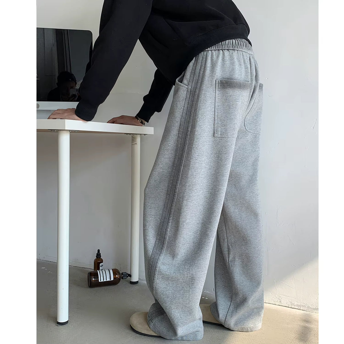 New Men'S Casual Pants Side Striped Wide Leg Outdoor Sports Pants Straight Sweatpants Neutral High-Quality Long Baggy Trousers