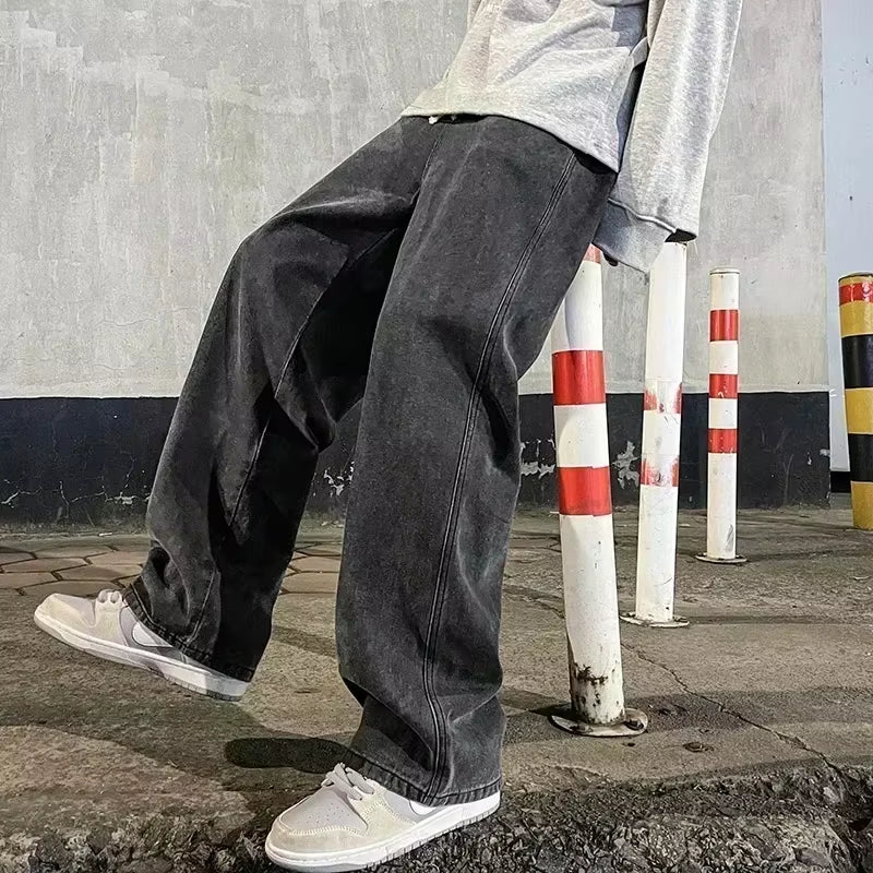New Streetwear Loose Jeans Men Korean Style Fashion Loose Straight Wide Leg Pants Men'S Brand Clothing Black Light Blue