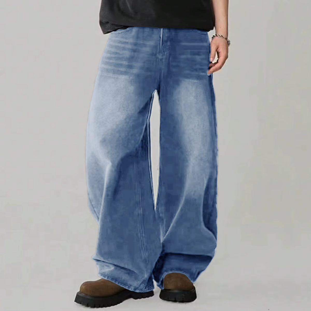 Men's Korean Style Four Season Casual Jeans - High Street Straight Loose Wide Leg in Black, Grey, and Blue