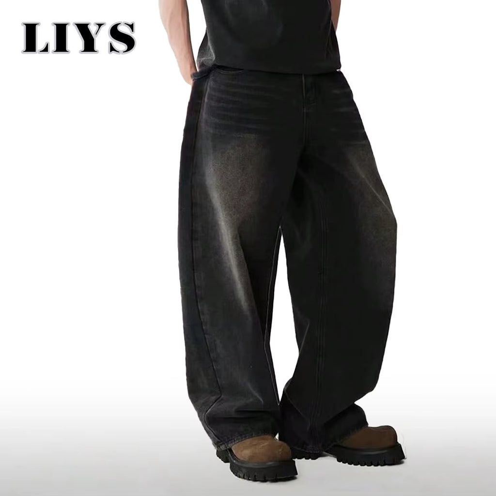 Men's Korean Style Four Season Casual Jeans - High Street Straight Loose Wide Leg in Black, Grey, and Blue