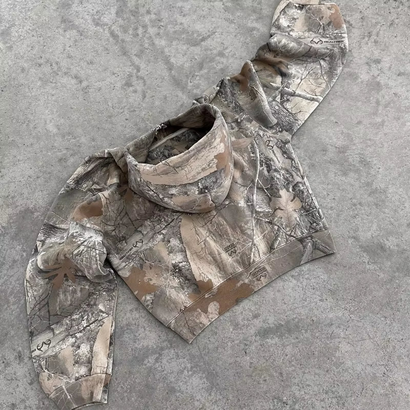 Y2K Retro Camouflage Zip-Up Hoodie - Stylish Oversized Unisex Sweatshirt for High Street Hip Hop Fashion