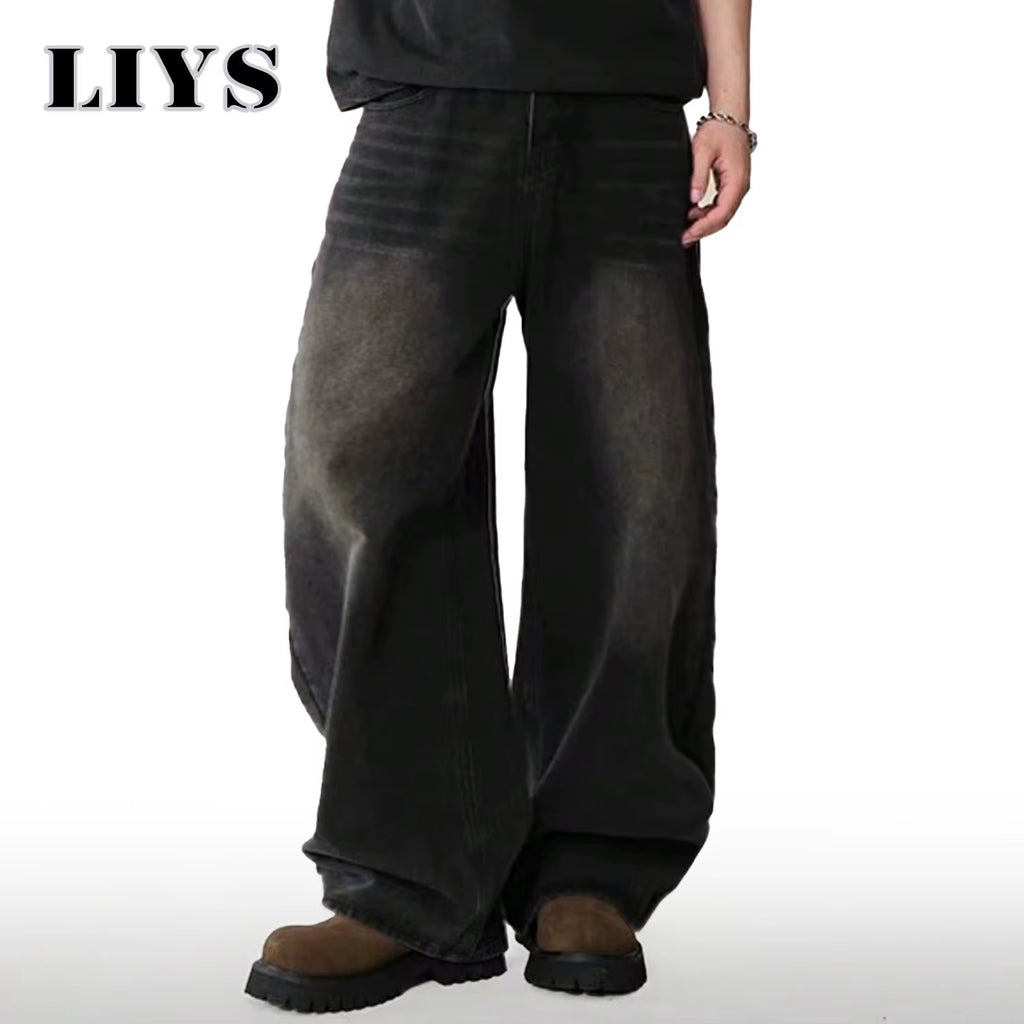 Men's Korean Style Four Season Casual Jeans - High Street Straight Loose Wide Leg in Black, Grey, and Blue