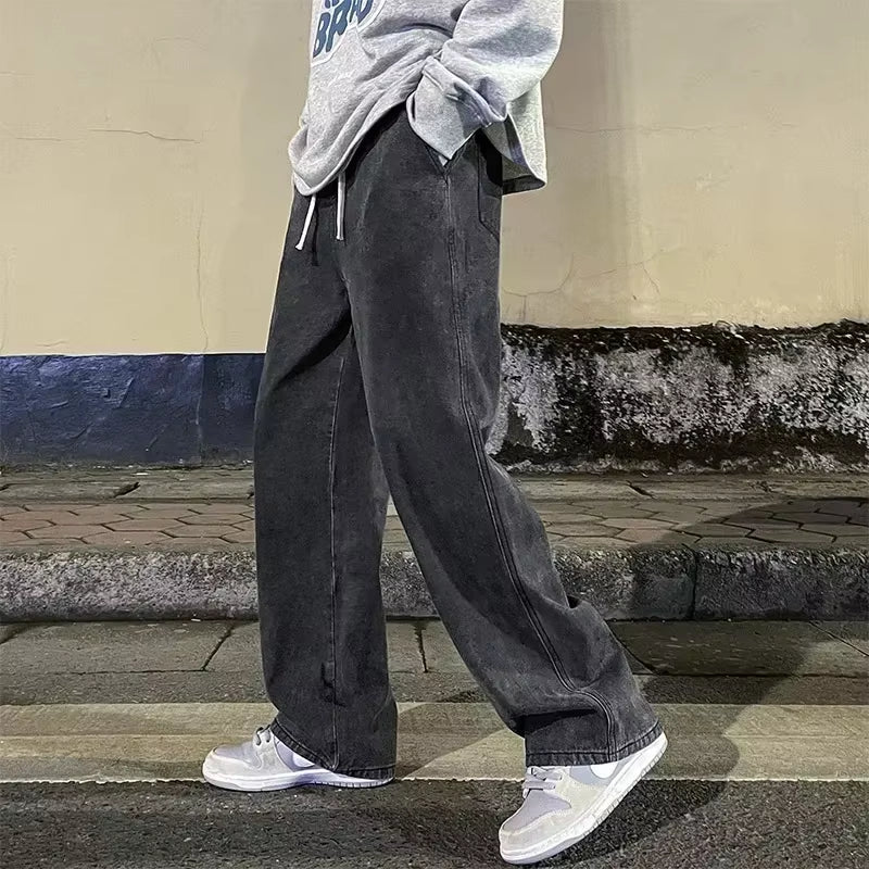 New Streetwear Loose Jeans Men Korean Style Fashion Loose Straight Wide Leg Pants Men'S Brand Clothing Black Light Blue