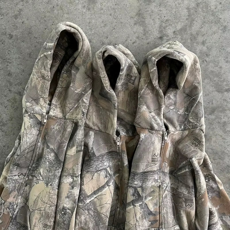 Y2K Retro Camouflage Zip-Up Hoodie - Stylish Oversized Unisex Sweatshirt for High Street Hip Hop Fashion
