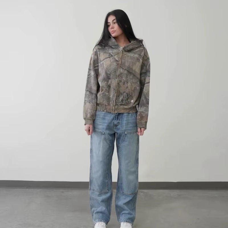 Y2K Retro Camouflage Zip-Up Hoodie - Stylish Oversized Unisex Sweatshirt for High Street Hip Hop Fashion