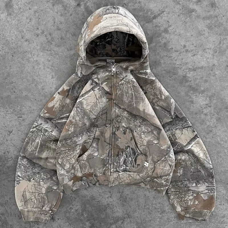 Y2K Retro Camouflage Zip-Up Hoodie - Stylish Oversized Unisex Sweatshirt for High Street Hip Hop Fashion