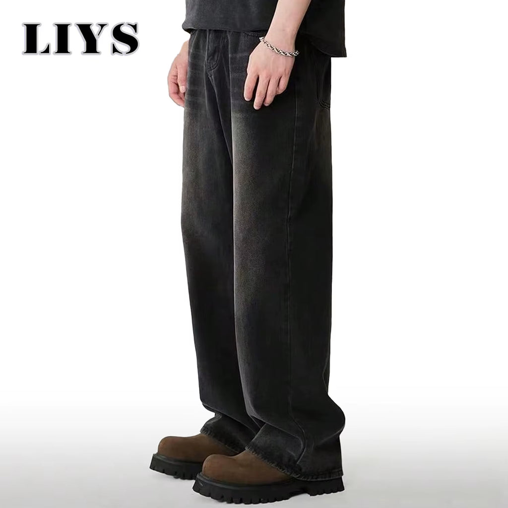Men's Korean Style Four Season Casual Jeans - High Street Straight Loose Wide Leg in Black, Grey, and Blue