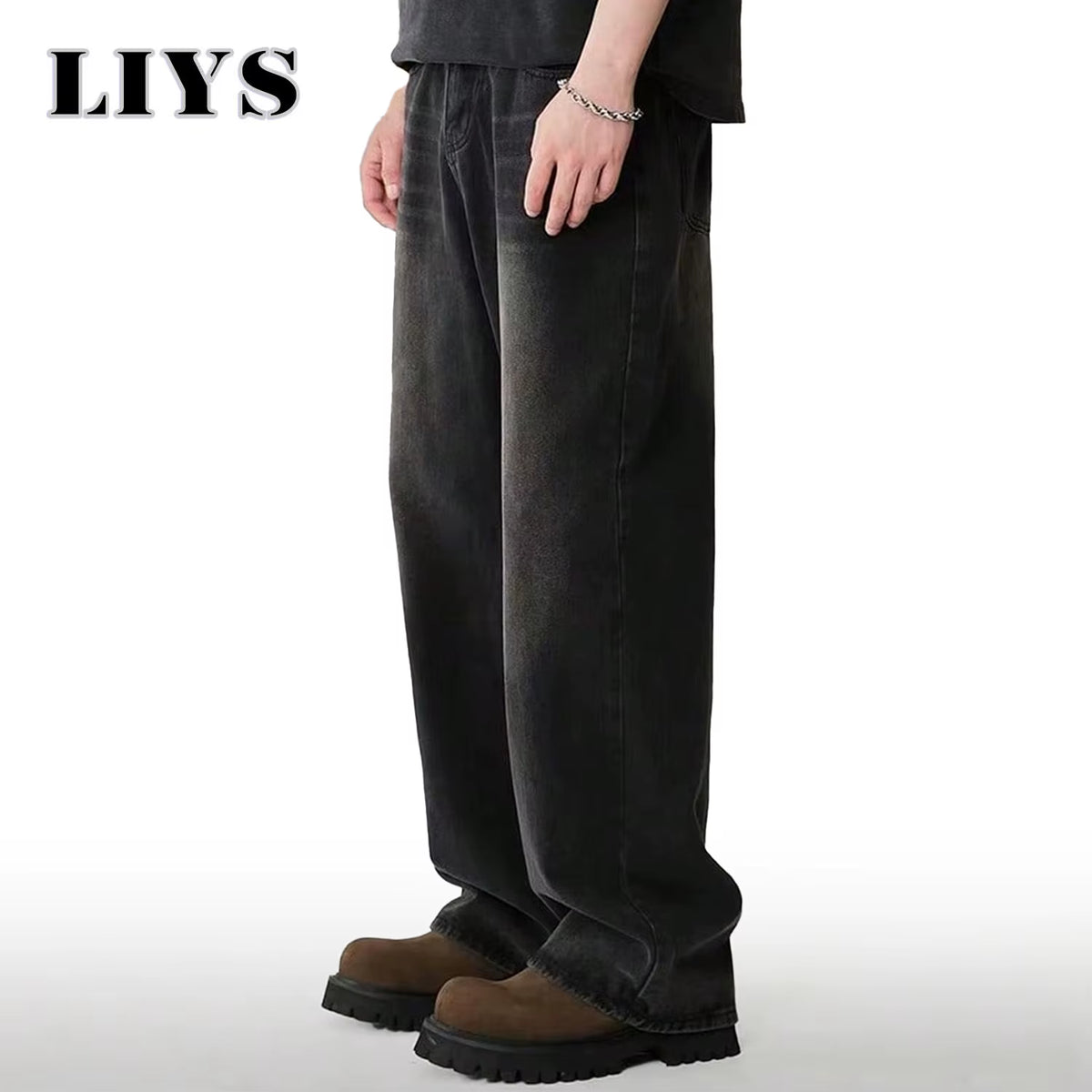 Men's Korean Style Four Season Casual Jeans - High Street Straight Loose Wide Leg in Black, Grey, and Blue