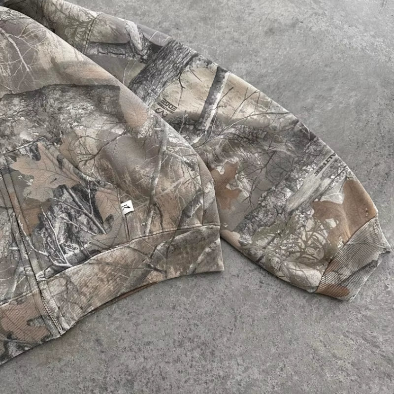 Y2K Retro Camouflage Zip-Up Hoodie - Stylish Oversized Unisex Sweatshirt for High Street Hip Hop Fashion