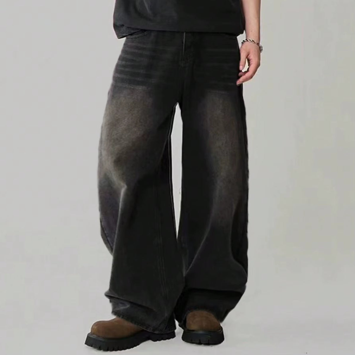Men's Korean Style Four Season Casual Jeans - High Street Straight Loose Wide Leg in Black, Grey, and Blue