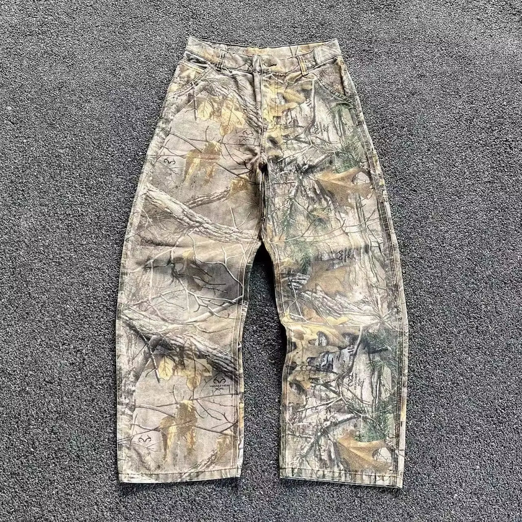 Men's Tree Branch Camouflage Jeans - American Style Y2K Wide Leg Retro Loose Fit Streetwear Camo Pants