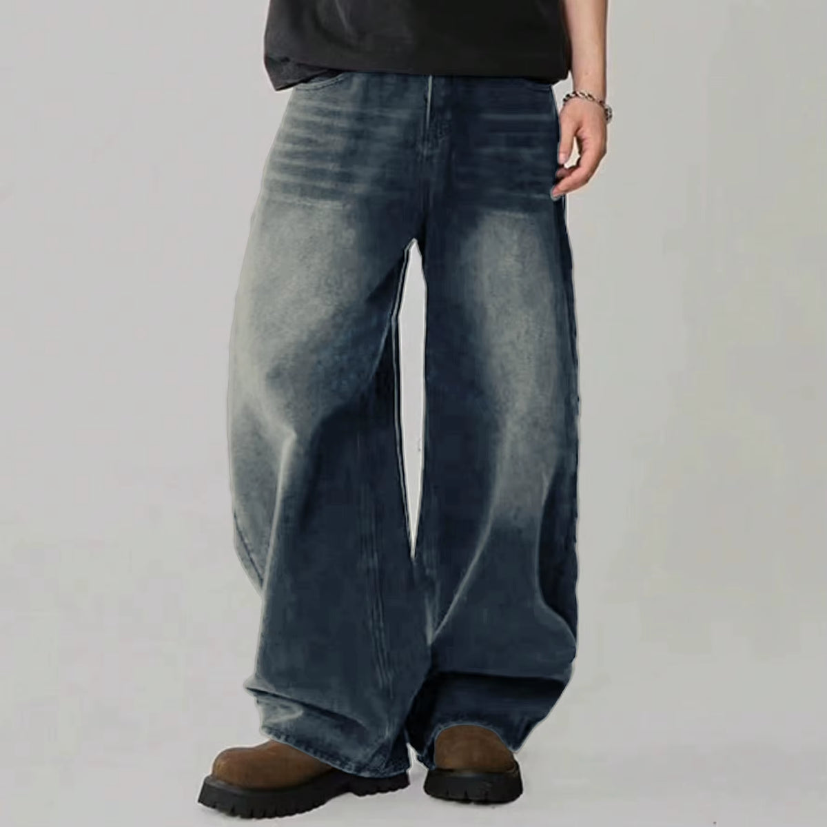 Men's Korean Style Four Season Casual Jeans - High Street Straight Loose Wide Leg in Black, Grey, and Blue