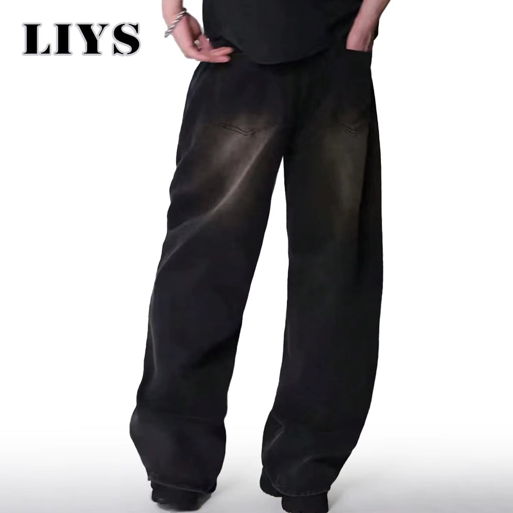 Men's Korean Style Four Season Casual Jeans - High Street Straight Loose Wide Leg in Black, Grey, and Blue
