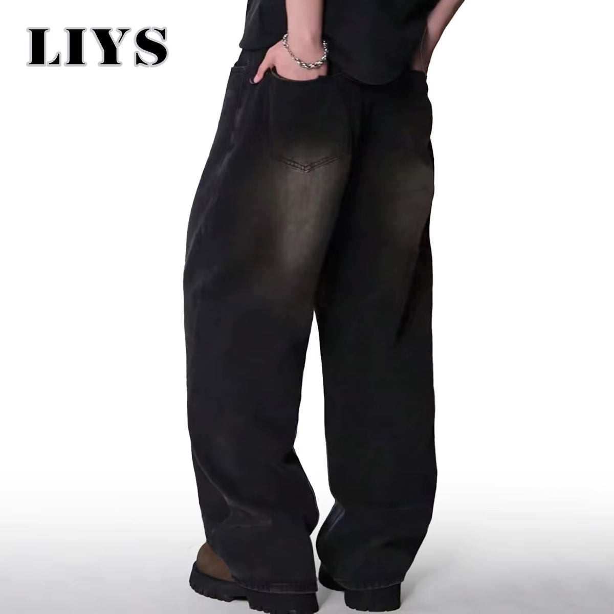 Men's Korean Style Four Season Casual Jeans - High Street Straight Loose Wide Leg in Black, Grey, and Blue