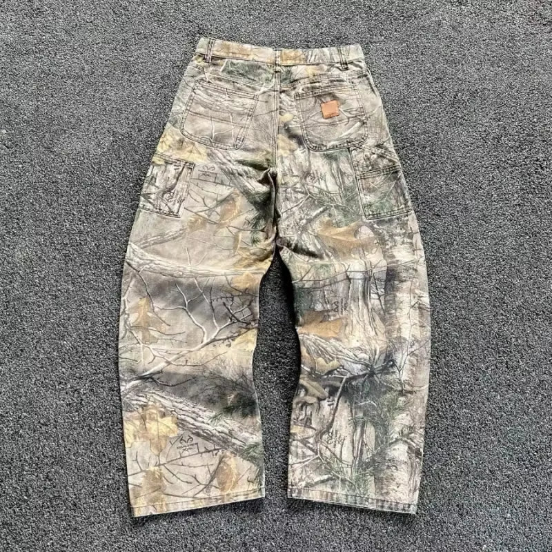 Men's Tree Branch Camouflage Jeans - American Style Y2K Wide Leg Retro Loose Fit Streetwear Camo Pants